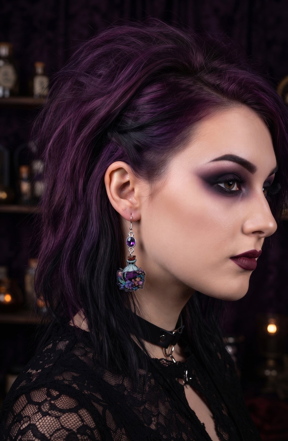 An ai mocked up woman with dark purple hair and gothic makeup wearing a dangling colorful gemstone earring, black lace top, and choker, photographed in a dimly lit gothic-themed interior.