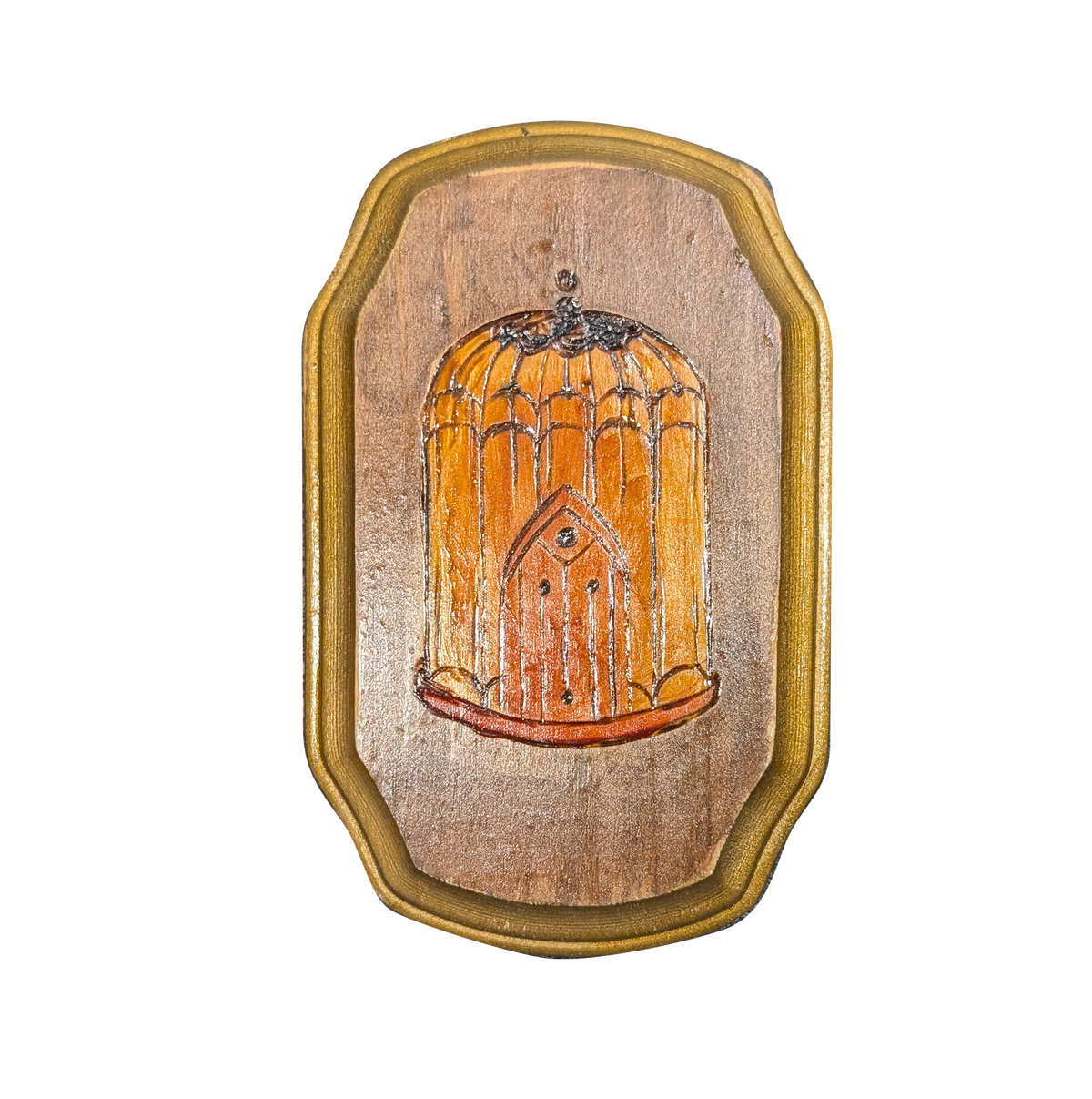 Another view of Birdcage neotrad flash block by CamiThunderInk, a small reclaimed pine block with a burned and painted domed Victorian birdcage with an eye on the door, in amber tones with gold edging