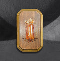 Candle neotrad flash block by CamiThunderInk, a small reclaimed pine block with a burned and painted dripping pillar candle among star anise, in amber tones with gold edging