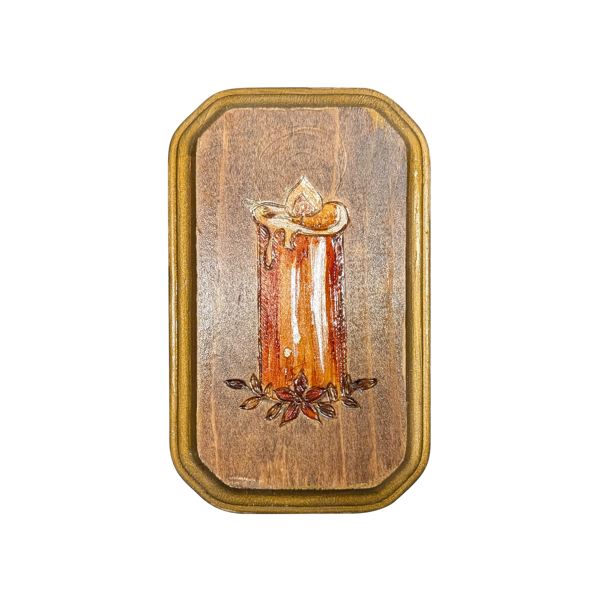 Another view of Candle neotrad flash block by CamiThunderInk, a small reclaimed pine block with a burned and painted dripping pillar candle among star anise, in amber tones with gold edging