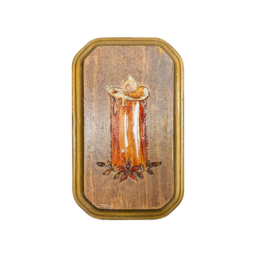 Another view of Candle neotrad flash block by CamiThunderInk, a small reclaimed pine block with a burned and painted dripping pillar candle among star anise, in amber tones with gold edging