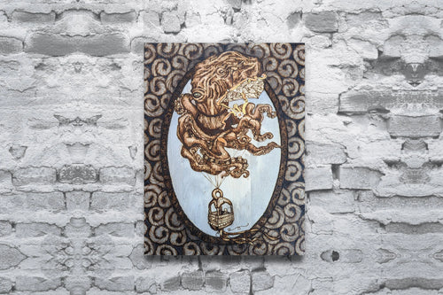 Cephalapunktopus art print by CamiThunderInk, a steampunk octopus with mechanical wings carrying a passenger in a basket like a hot air balloon, with gold and silver accents