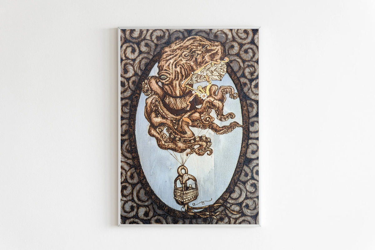 Another view of Cephalapunktopus art print by CamiThunderInk, a steampunk octopus with mechanical wings carrying a passenger in a basket like a hot air balloon, with gold and silver accents