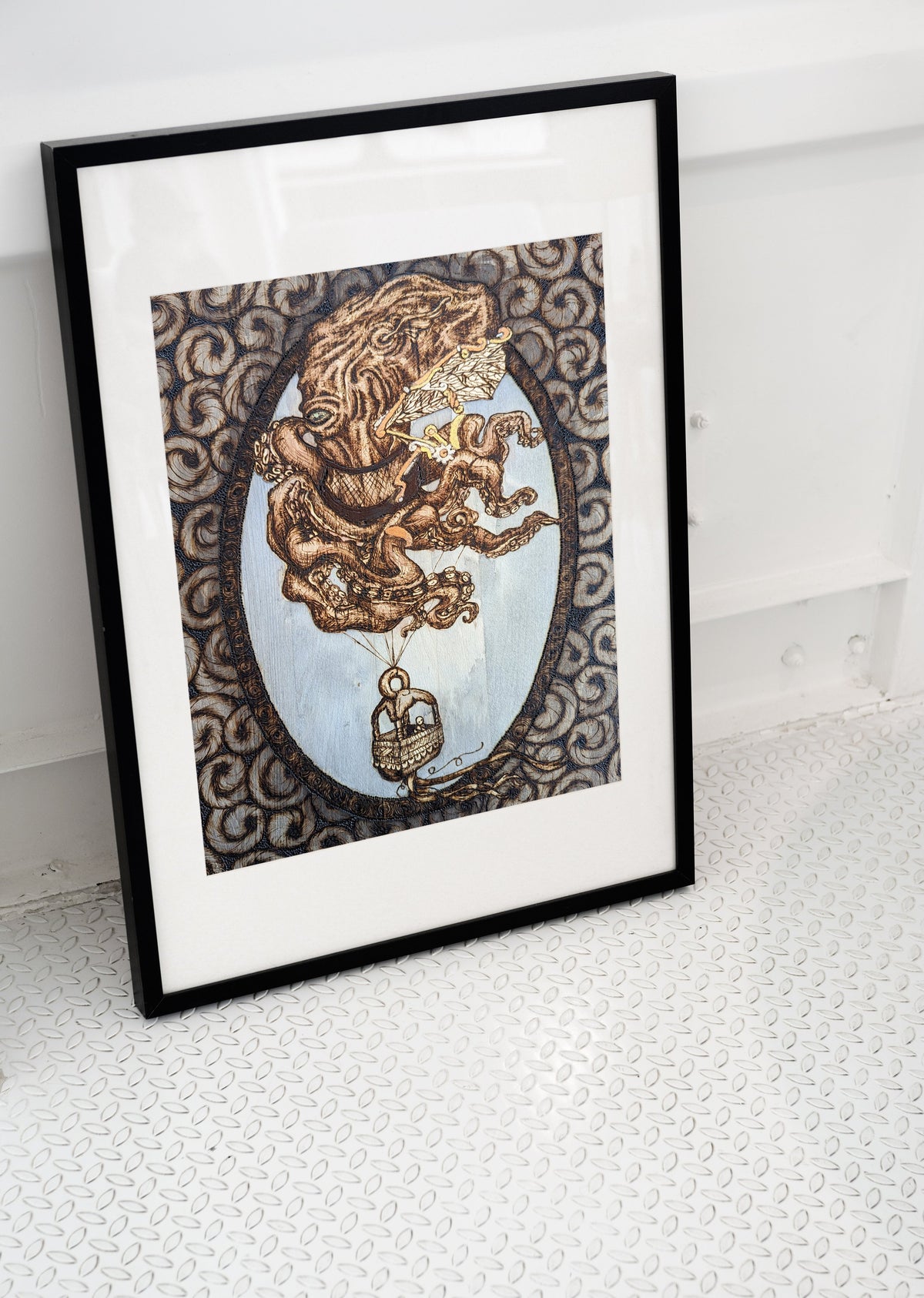 Another view of Cephalapunktopus art print by CamiThunderInk, a steampunk octopus with mechanical wings carrying a passenger in a basket like a hot air balloon, with gold and silver accents