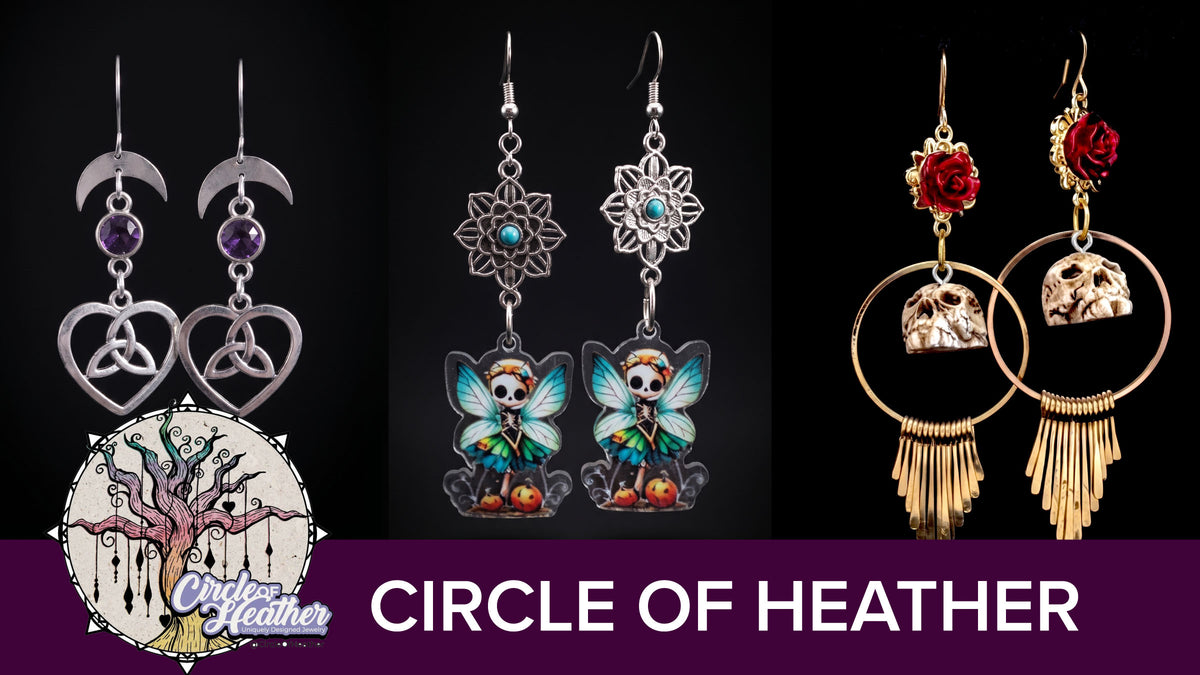 Three pairs of gothic-style dangling earrings displayed side by side on a black background, with a purple banner at the bottom reading 'CIRCLE OF HEATHER' and a circular 'Circle of Heather' logo in the lower left. The left pair has silver crescent moons and hearts with purple gemstones.