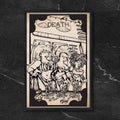 Futurama Tarot Death fan art print by CamiThunderInk, the Amazonian women and Kif drawn as the Death tarot card in a woodcut style, in a black frame