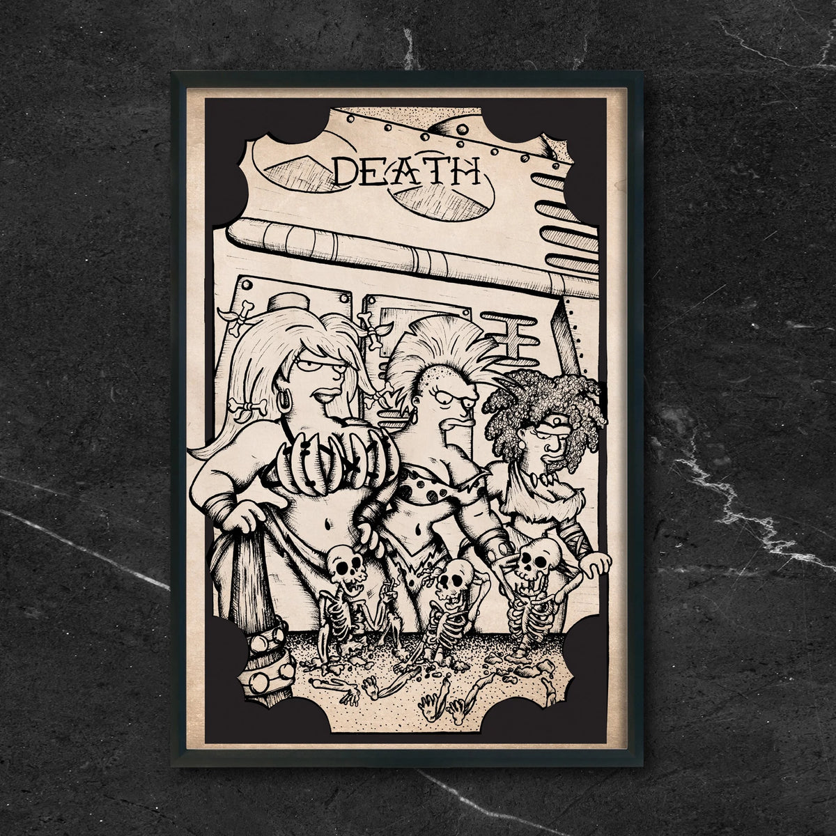 Futurama Tarot Death fan art print by CamiThunderInk, the Amazonian women and Kif drawn as the Death tarot card in a woodcut style, in a black frame