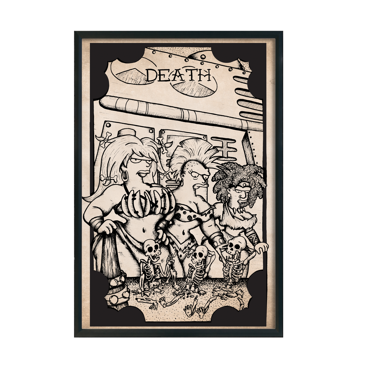 Another view of Futurama Tarot Death fan art print by CamiThunderInk, the Amazonian women and Kif drawn as the Death tarot card in a woodcut style, in a black frame