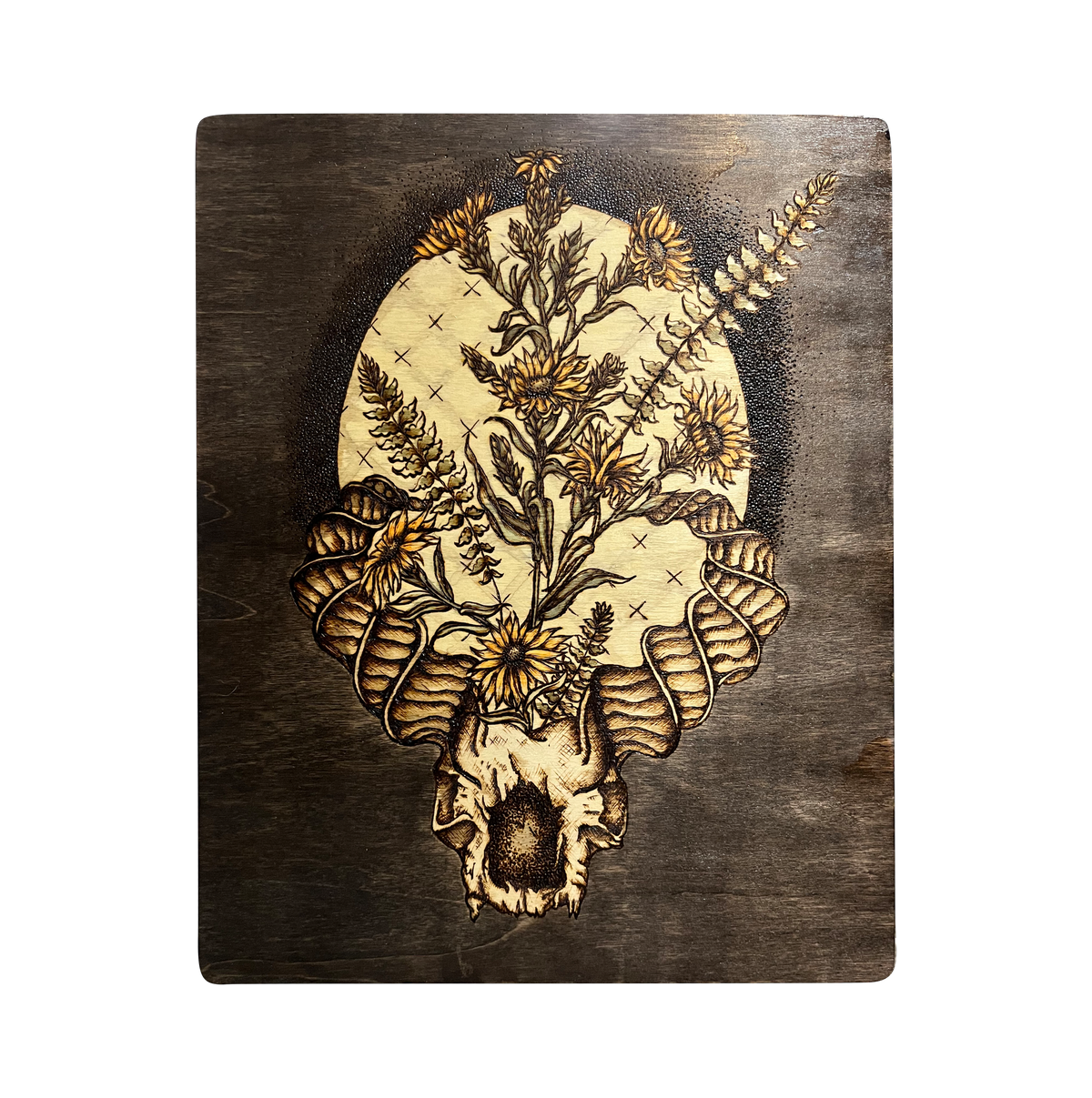 Another view of Flora Capricora by CamiThunderInk, an original pyrography, watercolor, and stain painting on pine of a horned goat skull bursting into sunflowers and botanicals in front of a moon, on a stippled black background