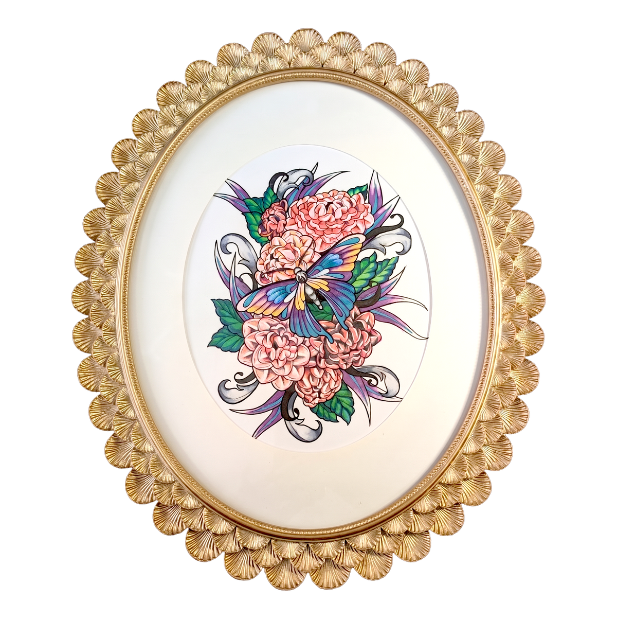 Another view of Flutter over Camellias by CamiThunderInk, an original ink and alcohol marker drawing of a colorful moth among camellias and ornamental scrollwork, in a gold scalloped oval frame