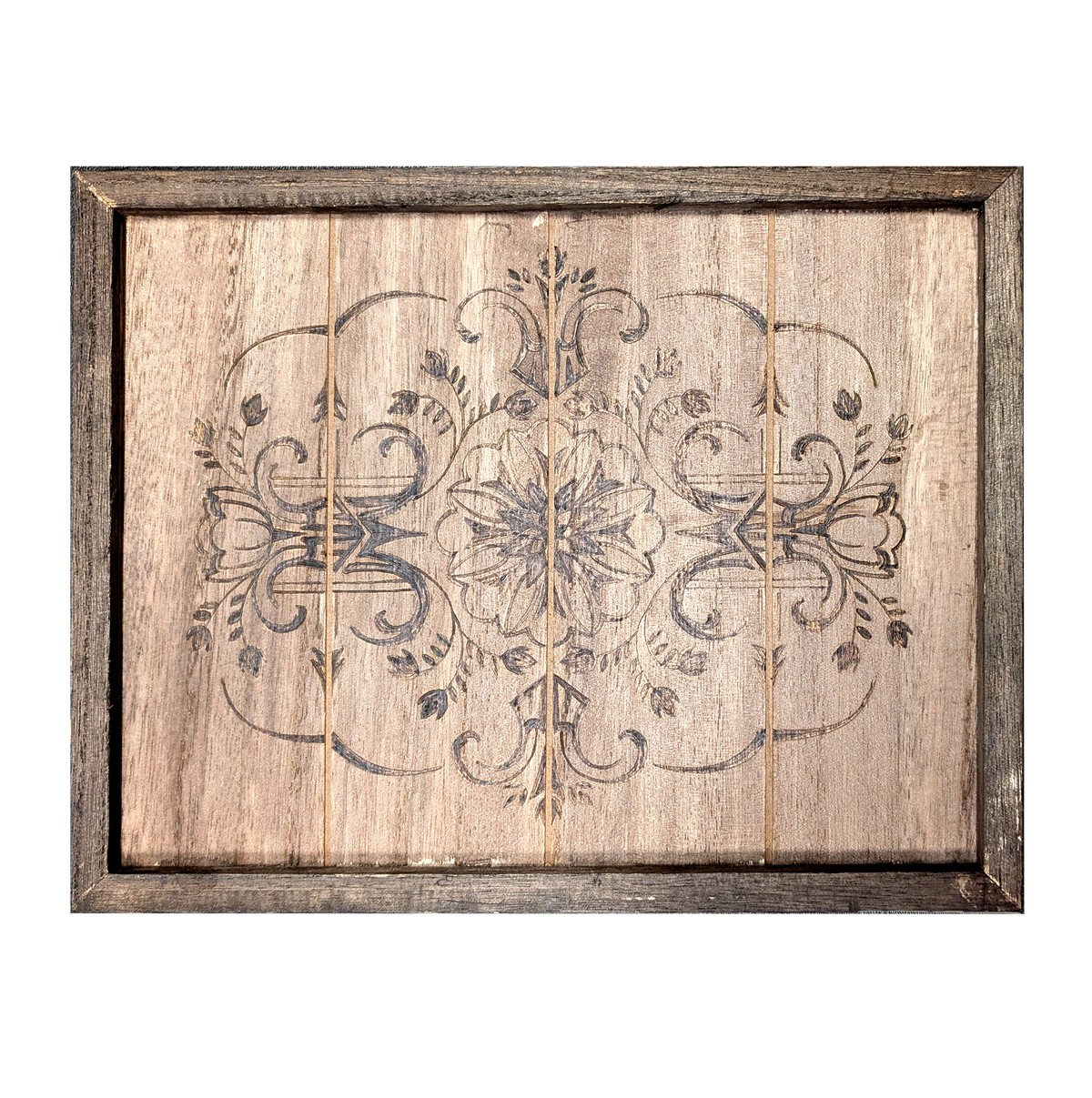 Another view of Geometric Floral by CamiThunderInk, an original pyrography piece of a symmetrical flower mandala burned across a slatted reclaimed pine panel in a weathered wood frame
