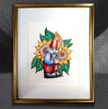 Gnome-eous Interruptus by CamiThunderInk, an original colored pencil and ink drawing of a grumpy gnome with a juice box in front of sunflowers, matted in a gold frame