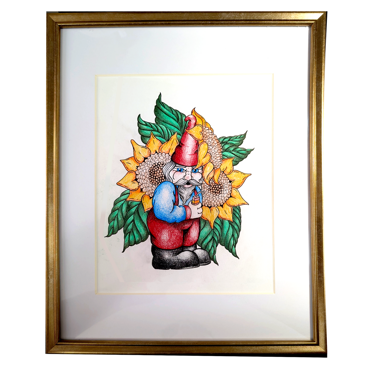 Another view of Gnome-eous Interruptus by CamiThunderInk, an original colored pencil and ink drawing of a grumpy gnome with a juice box in front of sunflowers, matted in a gold frame