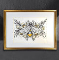 Honey Toned Floral Bee by CamiThunderInk, an original colored pencil and ink drawing of a honey bee surrounded by flowers, matted in a gold frame