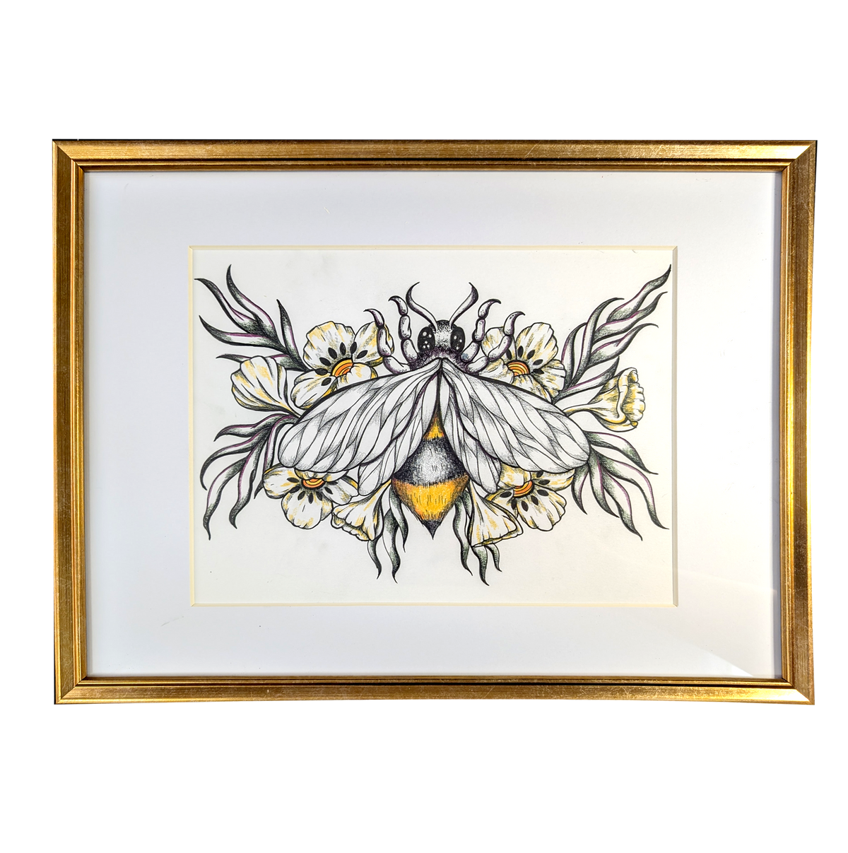Another view of Honey Toned Floral Bee by CamiThunderInk, an original colored pencil and ink drawing of a honey bee surrounded by flowers, matted in a gold frame