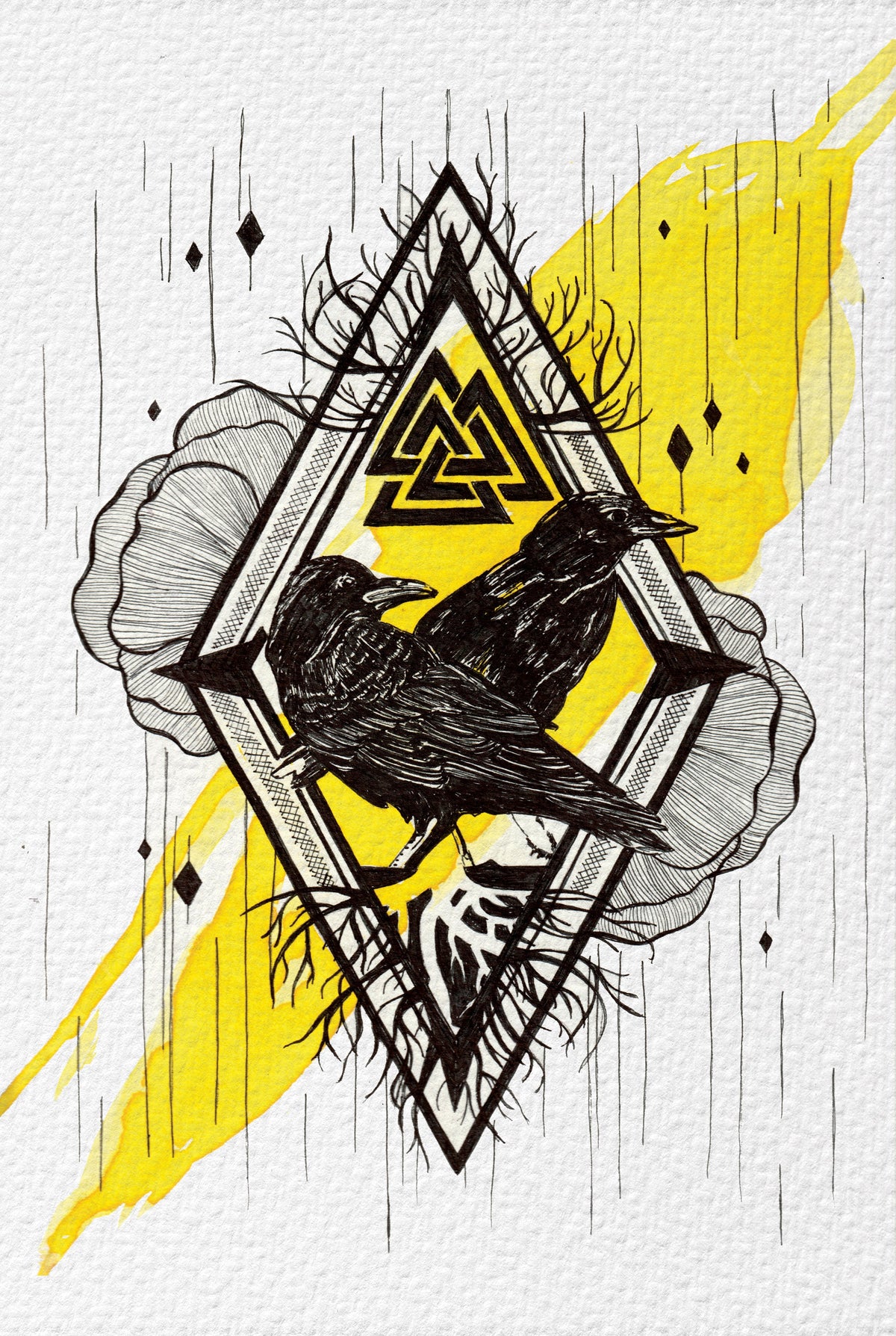 Another view of Huginn and Muninn art print by CamiThunderInk, Odin's two ravens drawn in bold black ink with yellow watercolor
