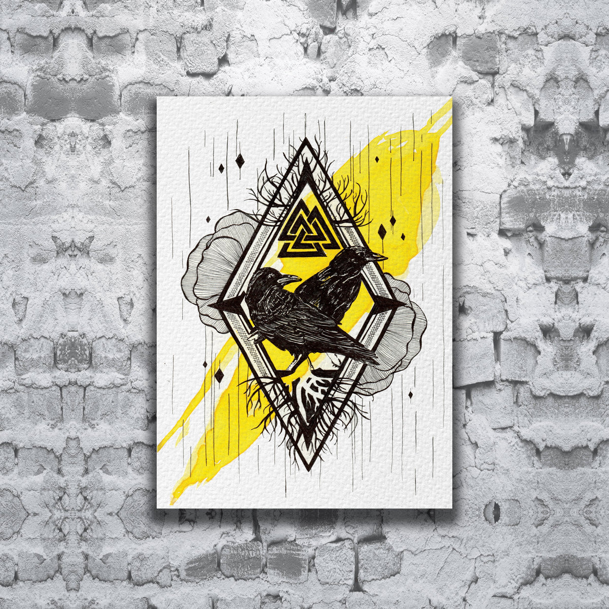 Huginn and Muninn art print by CamiThunderInk, Odin's two ravens drawn in bold black ink with yellow watercolor