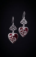nfinity Hearts Earrings by Circle of Heather, silver-tone dangle earrings with an infinity heart knot above a filigree heart in deep red enamel