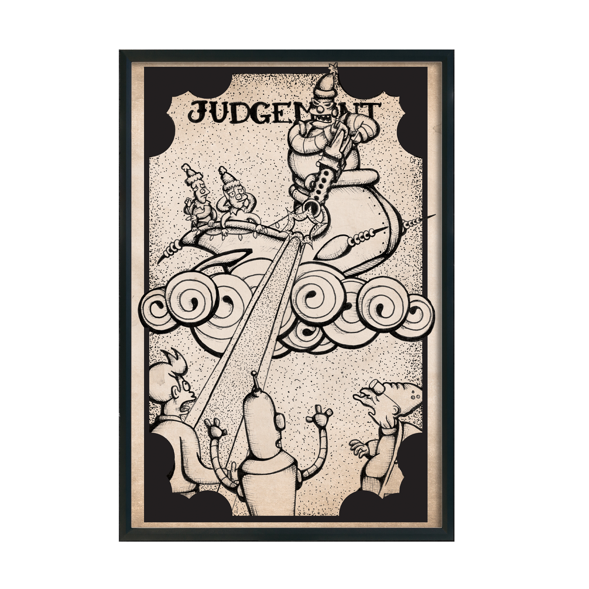 Another view of Futurama Tarot Judgement fan art print by CamiThunderInk, Robot Santa drawn as the Judgement tarot card in a woodcut style, in a black frame