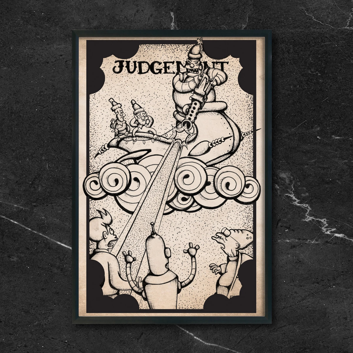 Futurama Tarot Judgement fan art print by CamiThunderInk, Robot Santa drawn as the Judgement tarot card in a woodcut style, in a black frame