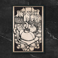 Futurama Tarot Knight of Cups fan art print by CamiThunderInk, Hedonism Bot drawn as the Knight of Cups tarot card in a woodcut style, in a black frame