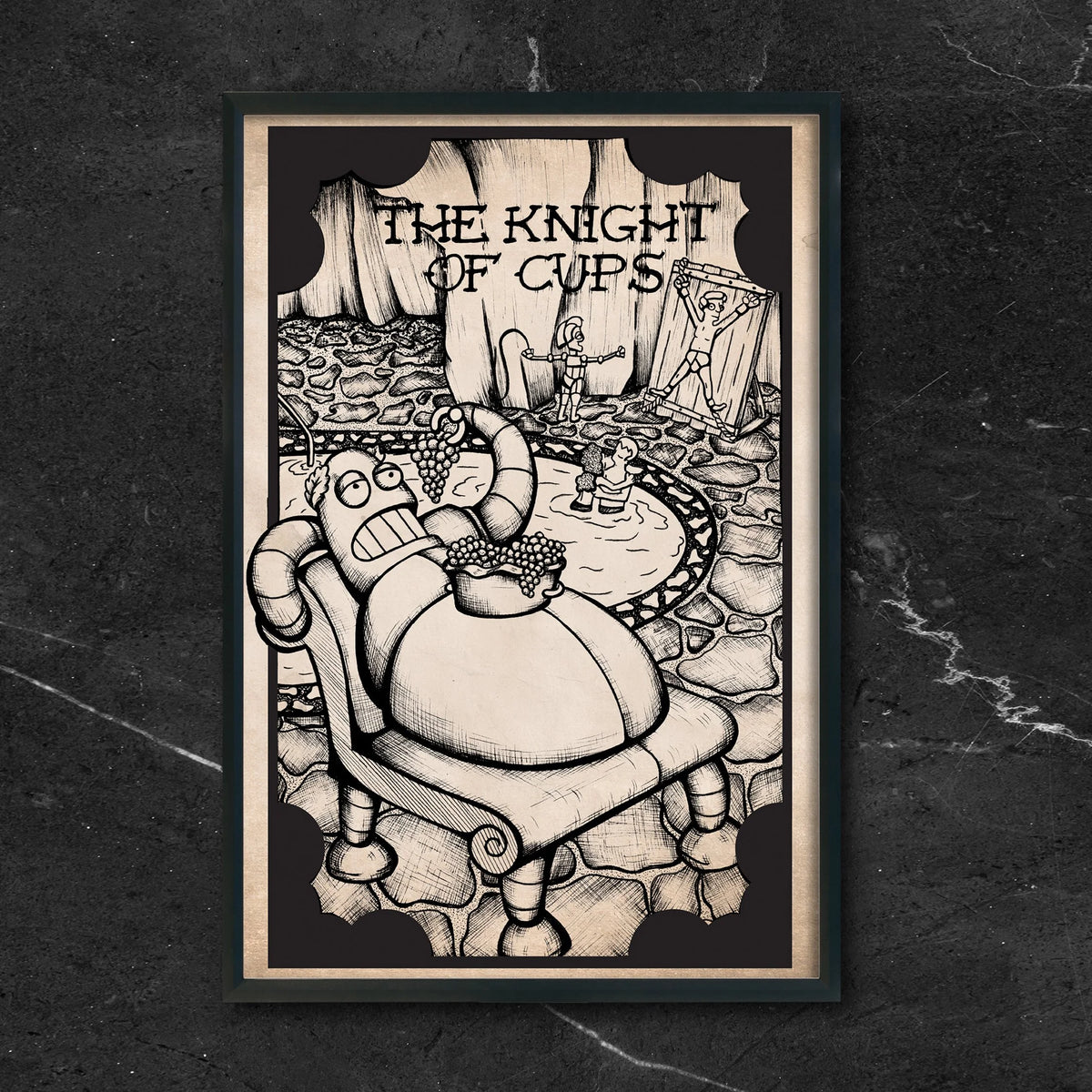 Futurama Tarot Knight of Cups fan art print by CamiThunderInk, Hedonism Bot drawn as the Knight of Cups tarot card in a woodcut style, in a black frame