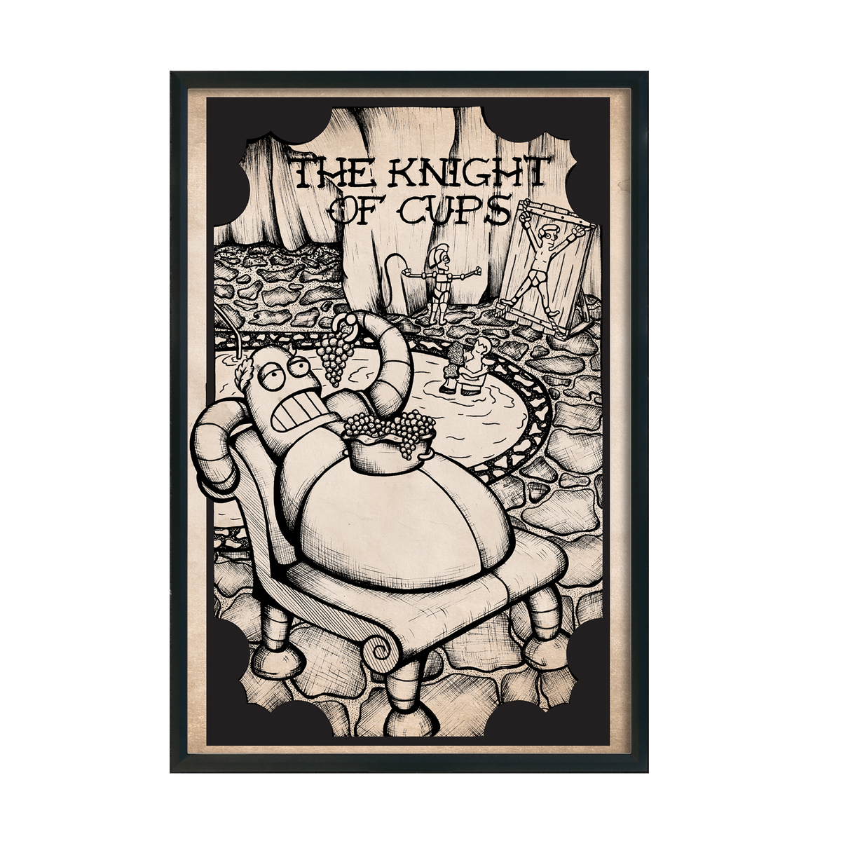 Another view of Futurama Tarot Knight of Cups fan art print by CamiThunderInk, Hedonism Bot drawn as the Knight of Cups tarot card in a woodcut style, in a black frame