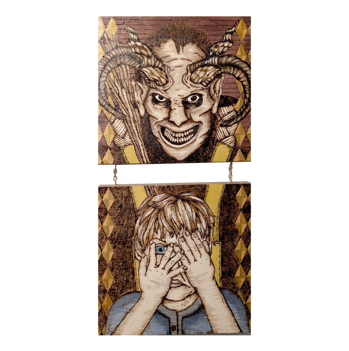 Another view of Perilous Penance by CamiThunderInk, an original two panel pyrography and wood stain artwork of a horned Krampus, with the panels joined by a gold chain