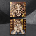 Perilous Penance by CamiThunderInk, an original two panel pyrography and wood stain artwork of a horned Krampus, with the panels joined by a gold chain
