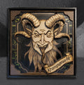 Krampusnacht by CamiThunderInk, an original layered relief of Krampus made from laser cut wood and acrylic, with pyrography, watercolor, stain, and real black feathers, in a recycled frame