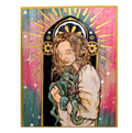 Mother of Unspeakable Evil by CamiThunderInk, an original pyrography painting on a solid wood slab of a mother cradling a baby Cthulhu with a pacifier, with a cosmic watercolor background and gold halo