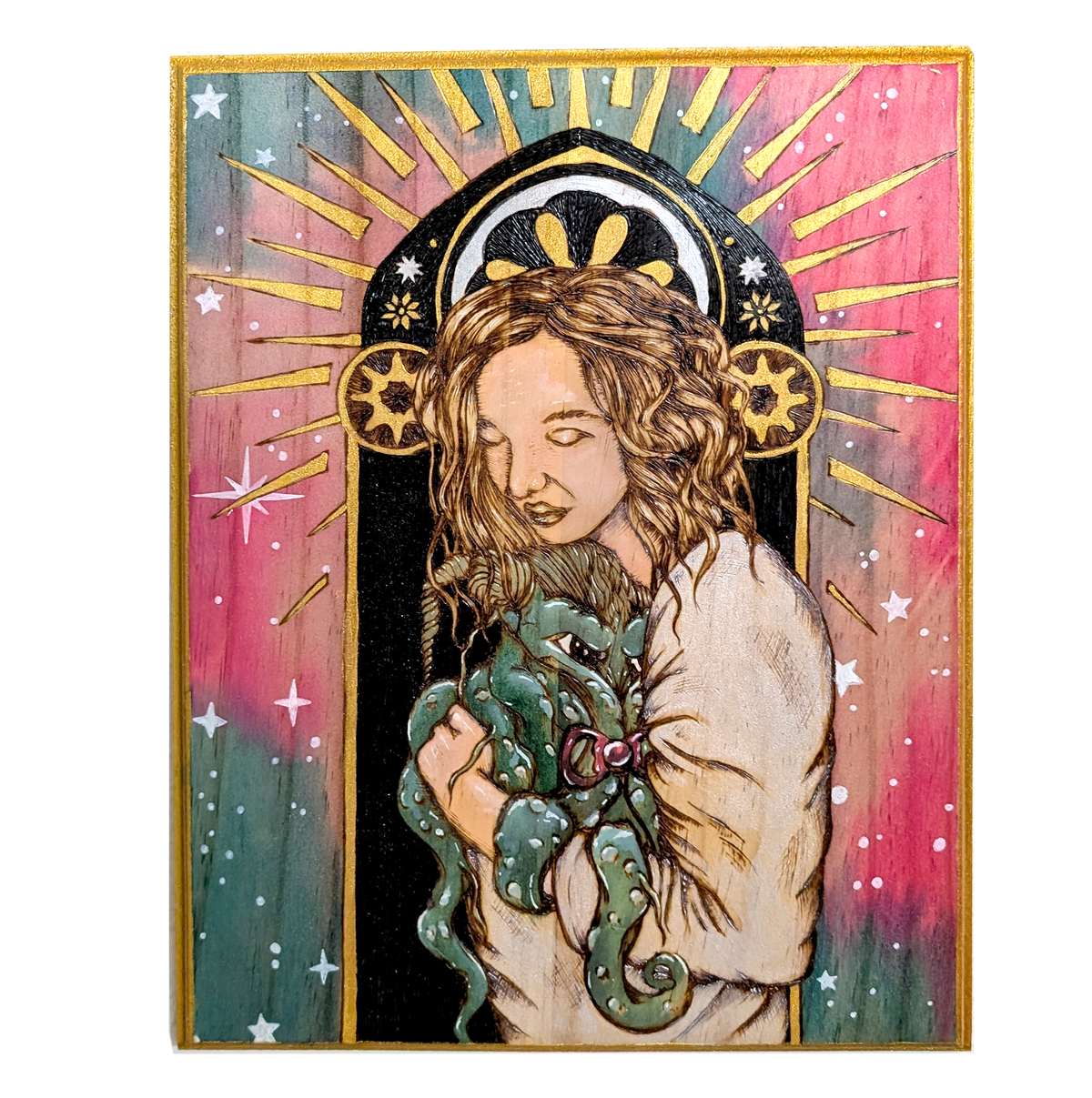 Mother of Unspeakable Evil by CamiThunderInk, an original pyrography painting on a solid wood slab of a mother cradling a baby Cthulhu with a pacifier, with a cosmic watercolor background and gold halo