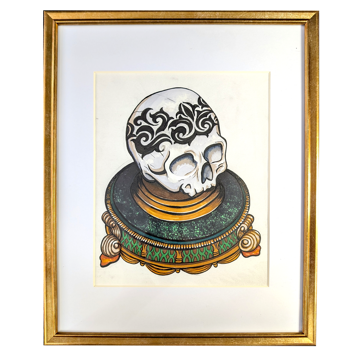 Another view of Ornamental Skull on a Platter by CamiThunderInk, an original ink and alcohol marker drawing on cream paper of a decorative skull on an ornate geometric platter, matted in a gold frame