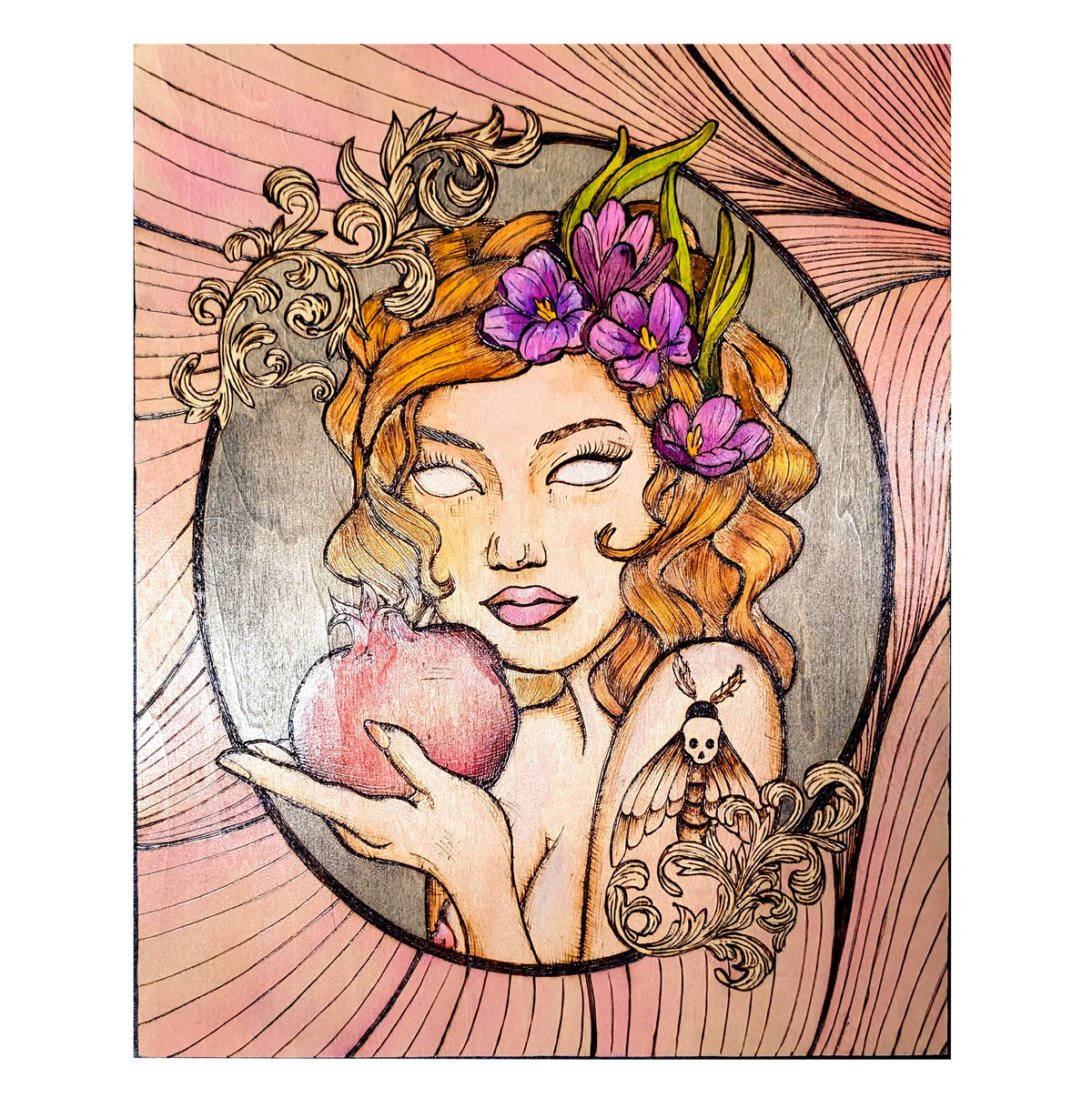 Another view of Persephone's Return by CamiThunderInk, an original Art Nouveau style pyrography and watercolor portrait of Persephone holding a pomegranate, with crocus flowers in her hair, a death's head moth tattoo, gold scrollwork, and a pink background