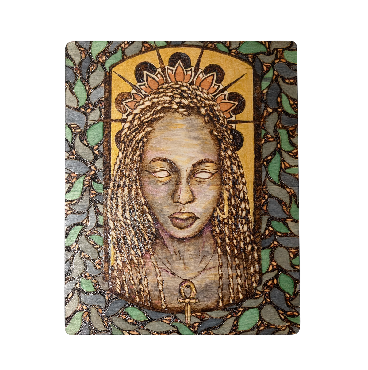 Another view of Priestess by CamiThunderInk, an original pyrography, watercolor, and gold acrylic portrait of a Black woman with long box braids, a lotus crown, and a gold ankh pendant, framed by a mosaic leaf border and a gold arch