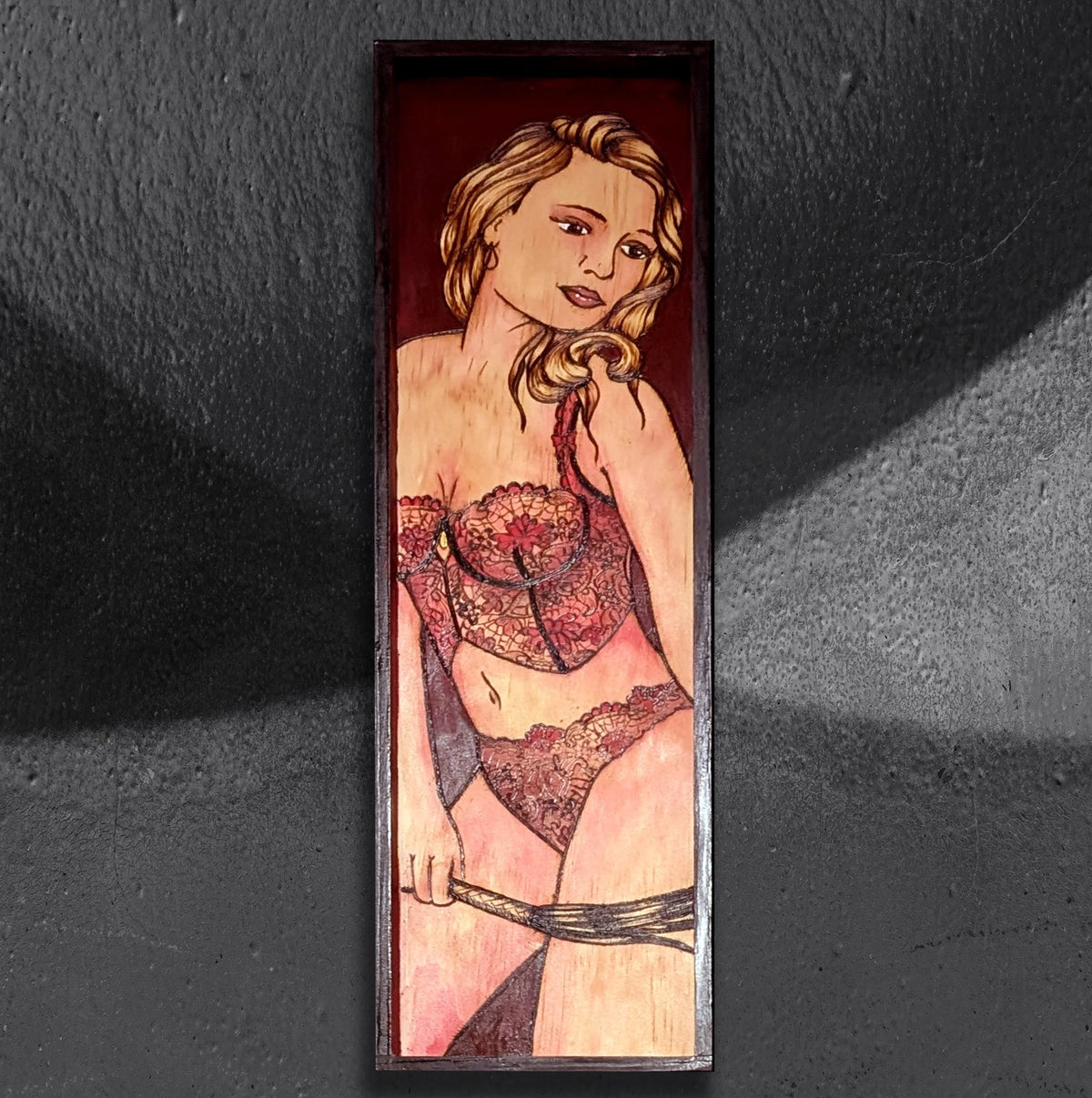 Sensational In Scarlet 1 by CamiThunderInk, an original pyrography, watercolor, and acrylic painting on wood of a blonde woman in detailed lace lingerie looking away, set against a scarlet background