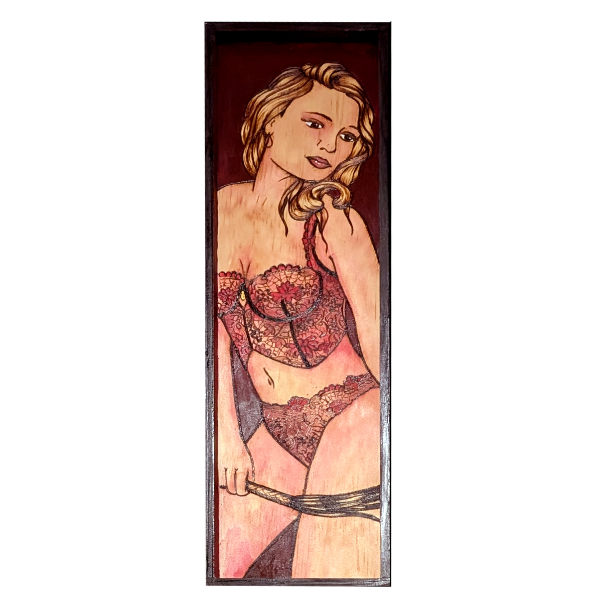 Another view of Sensational In Scarlet 1 by CamiThunderInk, an original pyrography, watercolor, and acrylic painting on wood of a blonde woman in detailed lace lingerie looking away, set against a scarlet background