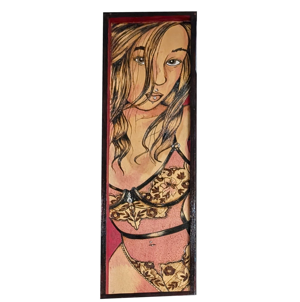 Sensational In Scarlet 3 by CamiThunderInk, an original pyrography, watercolor, and acrylic painting on wood showing a close up of a figure with loose waves, facial and body piercings, lace lingerie, and black harness straps, set against a scarlet background