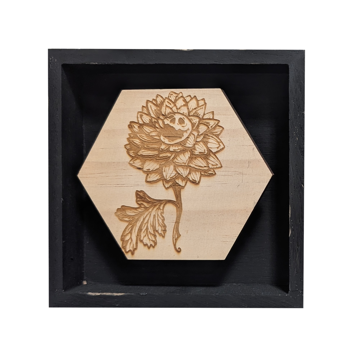 Skully Flowers Dahlia miniature framed piece by CamiThunderInk, a laser etched wood dahlia with a skull at its center, in a small 4x4 frame