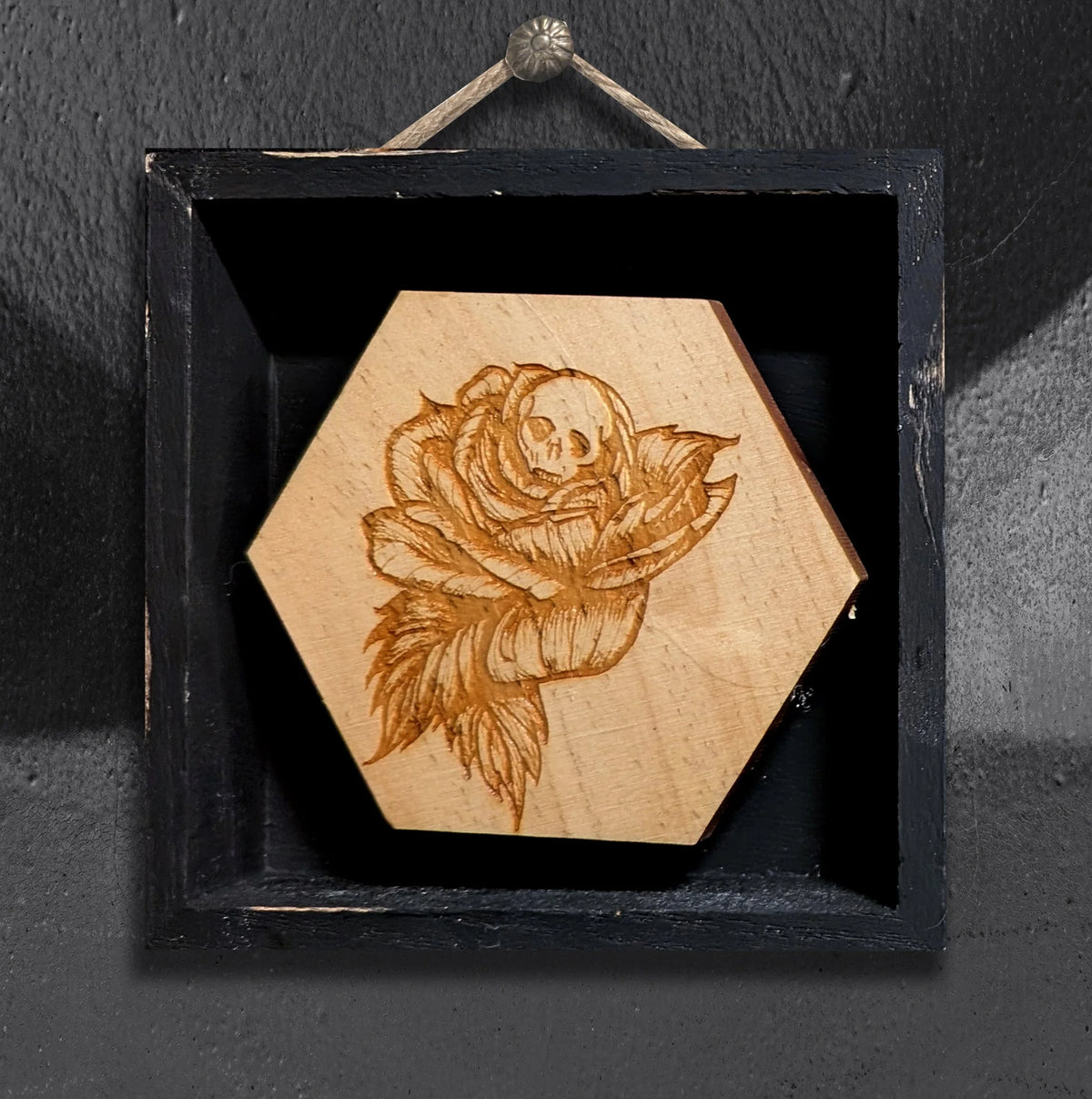Skully Flowers Rose miniature framed piece by CamiThunderInk, a laser etched wood rose with a skull at its center, in a small 4x4 frame