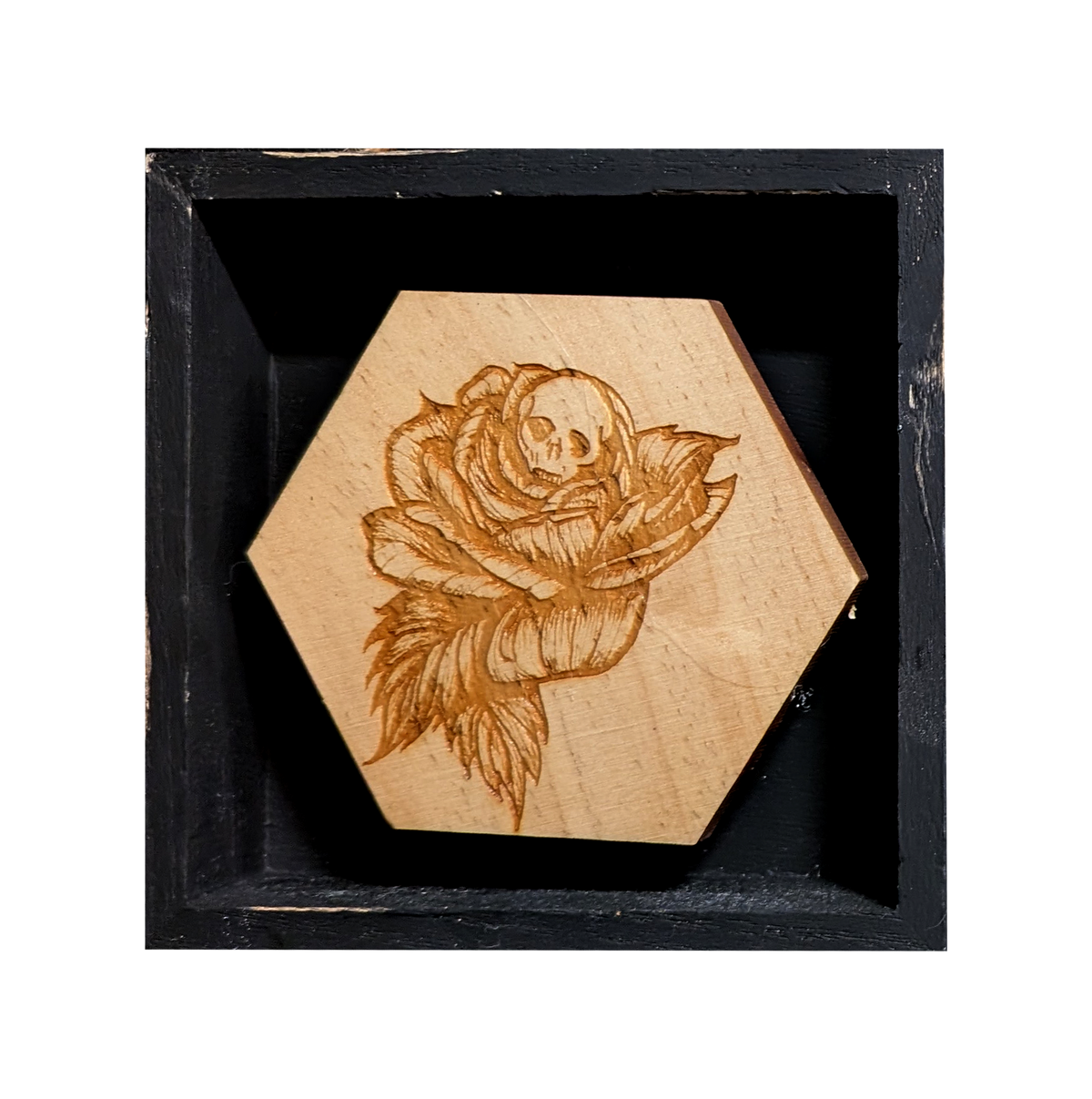 Skully Flowers Rose miniature framed piece by CamiThunderInk, a laser etched wood rose with a skull at its center, in a small 4x4 frame