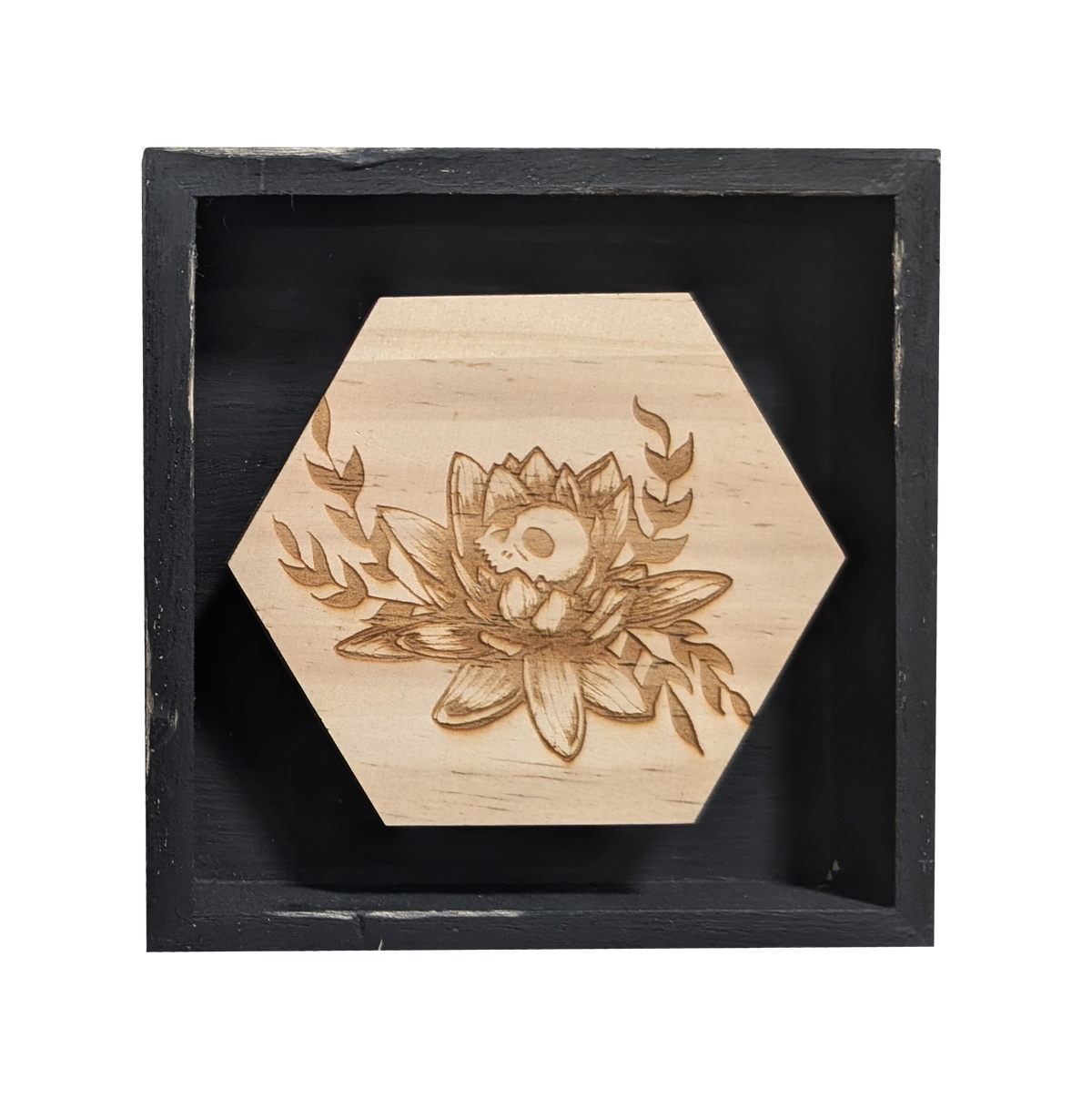 Skully Flowers Lotus miniature framed piece by CamiThunderInk, a laser etched wood lotus with a skull at its center, in a small 4x4 frame