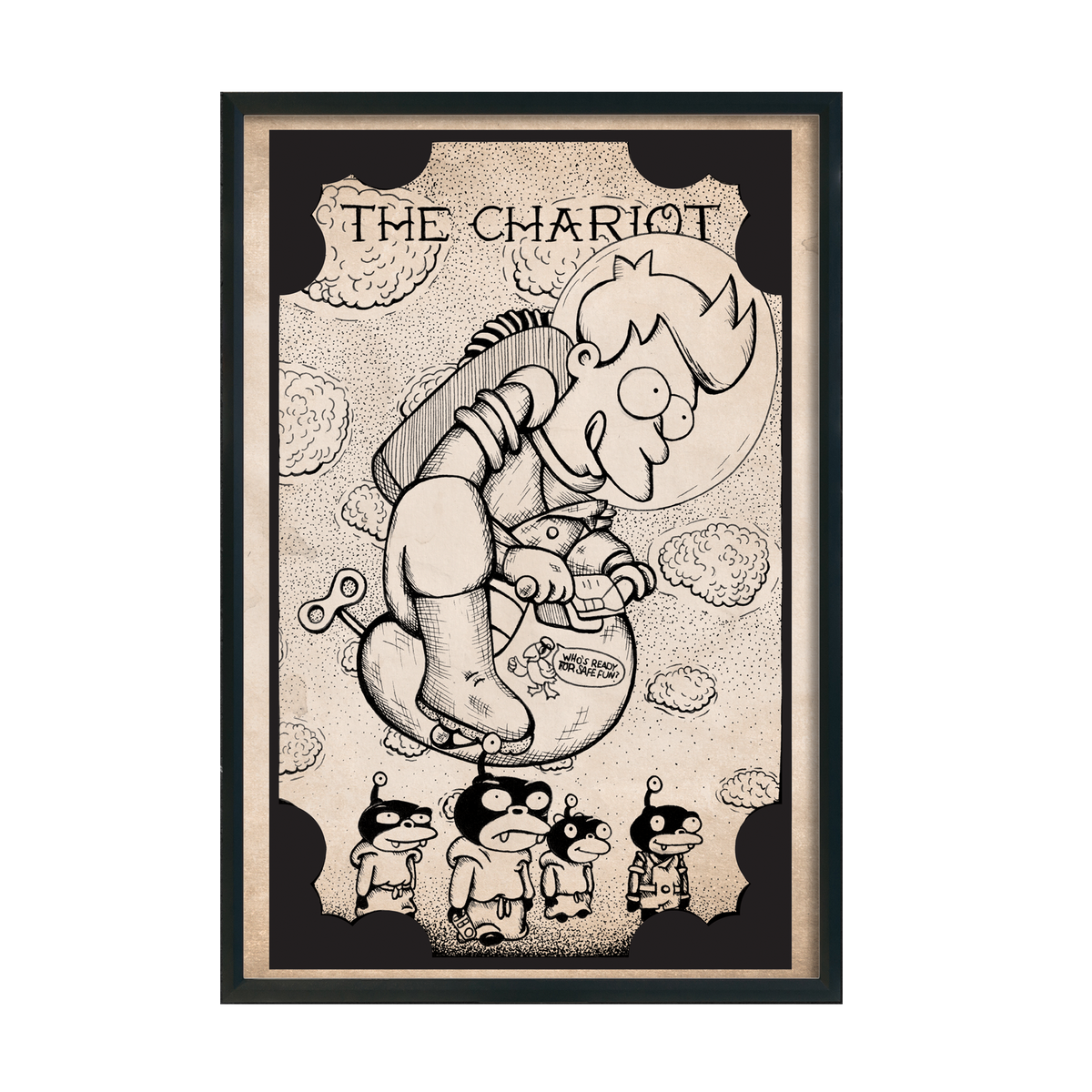 Another view of Futurama Tarot The Chariot fan art print by CamiThunderInk, Fry and the Scooty Puff Jr. drawn as the Chariot tarot card in a woodcut style, in a black frame
