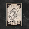 Futurama Tarot The Chariot fan art print by CamiThunderInk, Fry and the Scooty Puff Jr. drawn as the Chariot tarot card in a woodcut style, in a black frame