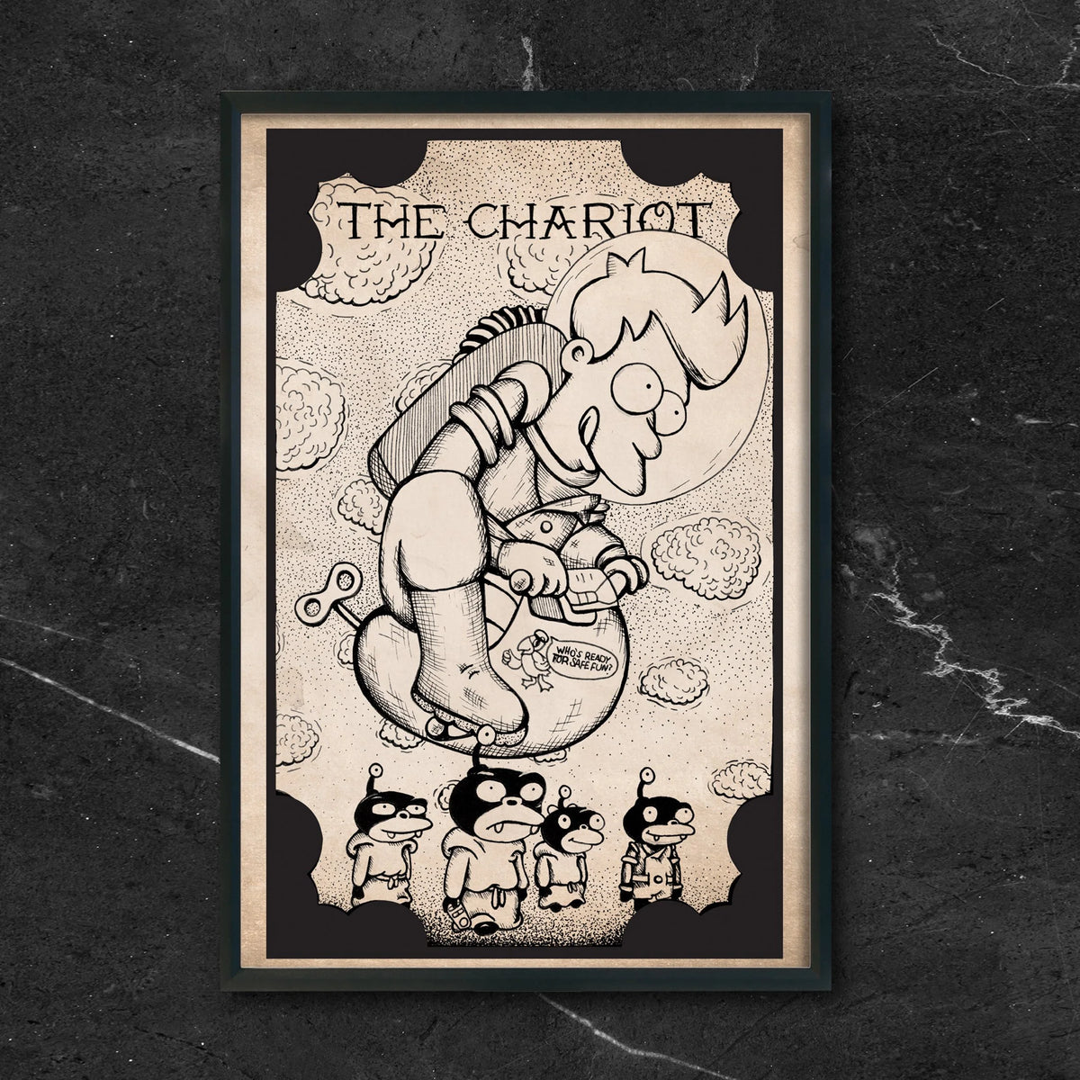 Futurama Tarot The Chariot fan art print by CamiThunderInk, Fry and the Scooty Puff Jr. drawn as the Chariot tarot card in a woodcut style, in a black frame