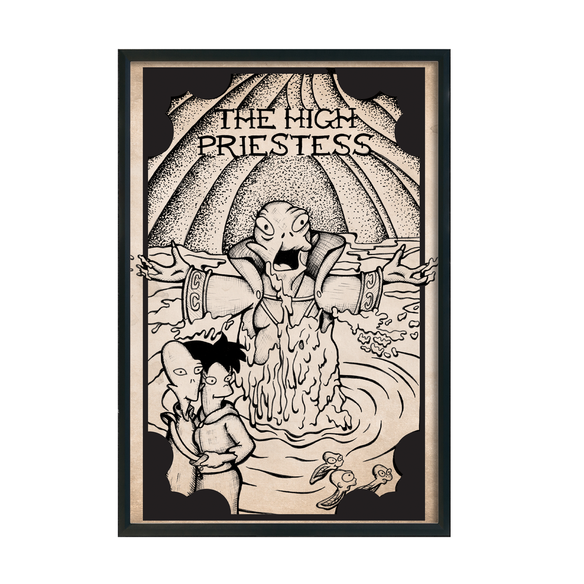 Another view of Futurama Tarot The High Priestess fan art print by CamiThunderInk, the Smizmar Midwife drawn as the High Priestess tarot card in a woodcut style, in a black frame