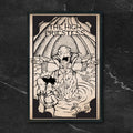 Futurama Tarot The High Priestess fan art print by CamiThunderInk, the Smizmar Midwife drawn as the High Priestess tarot card in a woodcut style, in a black frame