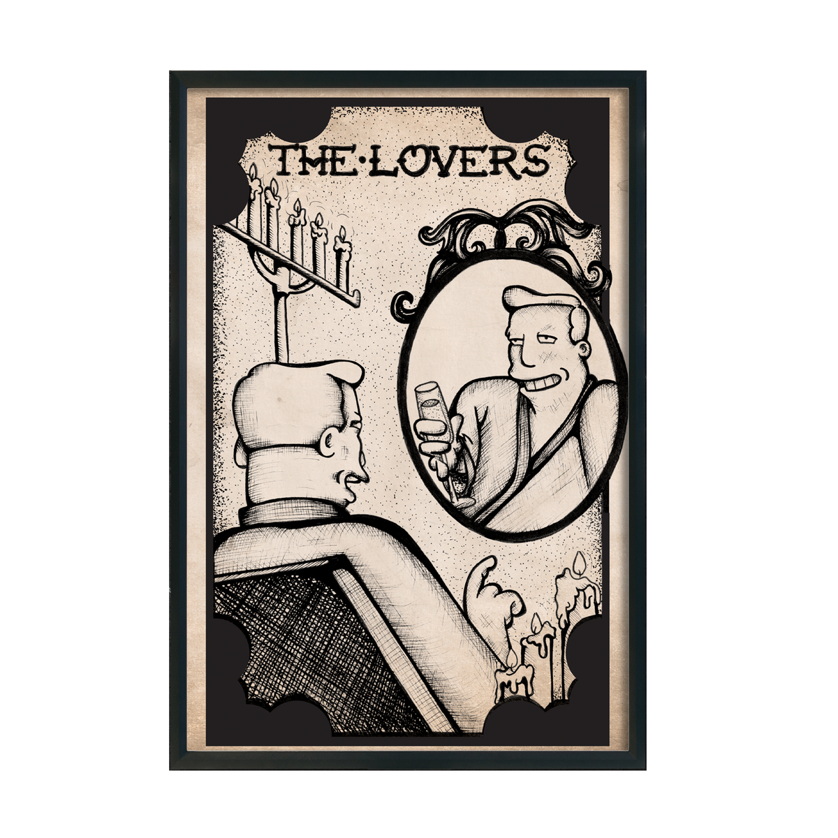 Another view of Futurama Tarot The Lovers fan art print by CamiThunderInk, Zapp Brannigan drawn as the Lovers tarot card in a woodcut style, in a black frame