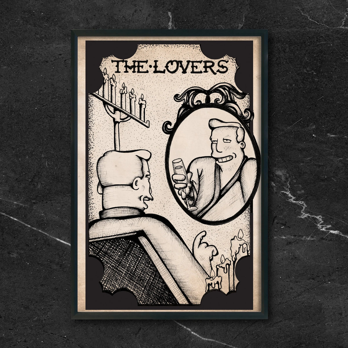 Futurama Tarot The Lovers fan art print by CamiThunderInk, Zapp Brannigan drawn as the Lovers tarot card in a woodcut style, in a black frame