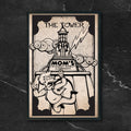 Futurama Tarot The Tower fan art print by CamiThunderInk, Mom's Friendly Robot Company and Fry drawn as the Tower tarot card in a woodcut style, in a black frame